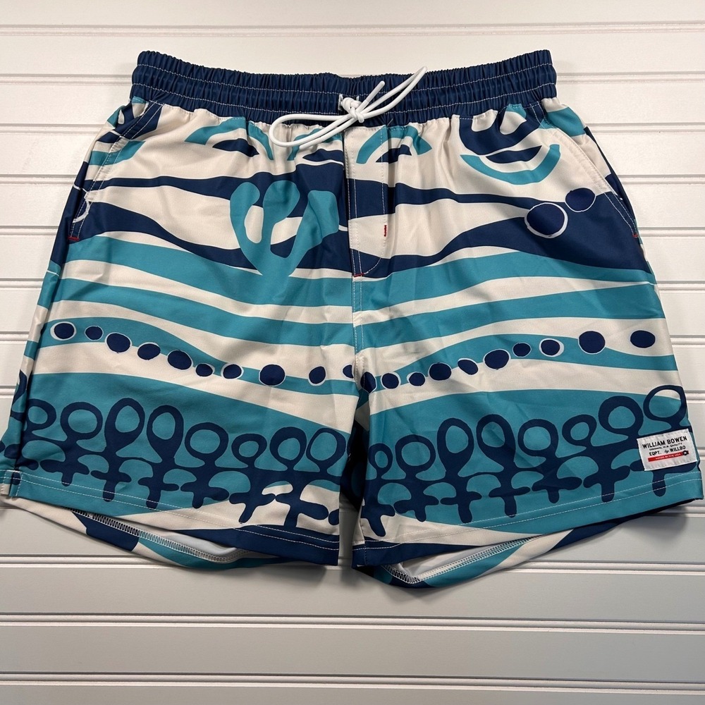 NWOT Willbo Board Short/Swim Short Men's L Blue White Abstract Graphic Elastic